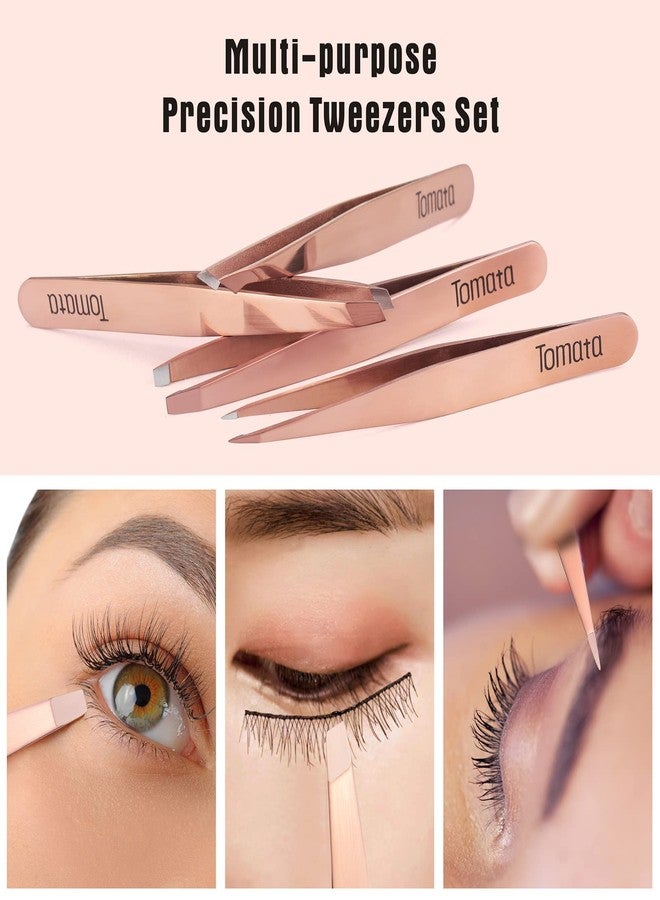 Tomata Tweezers for Eyebrows, Slant Tip and Pointed Eyebrow Tweezer Set Great Precision for Eyebrows Facial Hair, Ingrown Hair, Splinter, Blackhead and Tick Remover (4-piece) (Gold) - Image 3